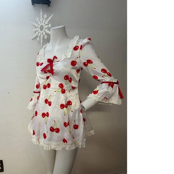 White Red Cherry Cherries Satin top ruffle short mini dress NWOT - Picture 1 of 4